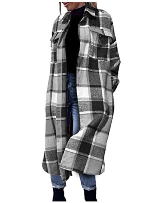 FindThy Women’s Mid Long Plaid Shacket Wool Blend Button Down Shirt Jacket Coat with Pockets