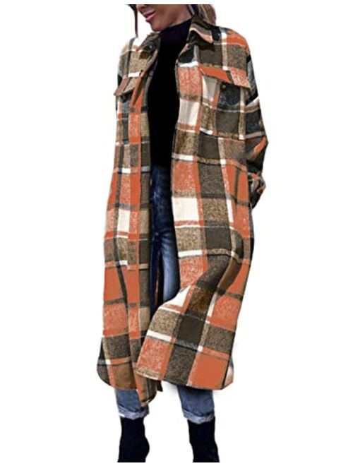 FindThy Women’s Mid Long Plaid Shacket Wool Blend Button Down Shirt Jacket Coat with Pockets