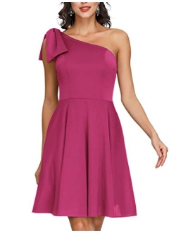 JASAMBAC Women's Bow One Shoulder Dress with Pockets A-line Cocktail Party Dress