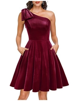 JASAMBAC Women's Bow One Shoulder Dress with Pockets A-line Cocktail Party Dress