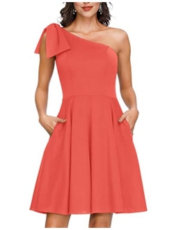 JASAMBAC Women's Bow One Shoulder Dress with Pockets A-line Cocktail Party Dress