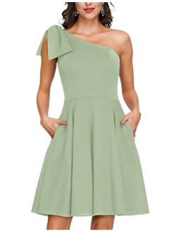 JASAMBAC Women's Bow One Shoulder Dress with Pockets A-line Cocktail Party Dress