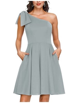 JASAMBAC Women's Bow One Shoulder Dress with Pockets A-line Cocktail Party Dress