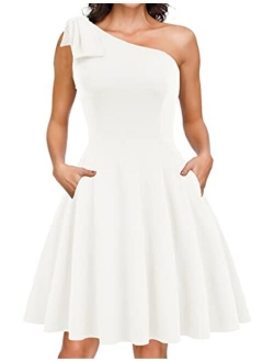 JASAMBAC Women's Bow One Shoulder Dress with Pockets A-line Cocktail Party Dress