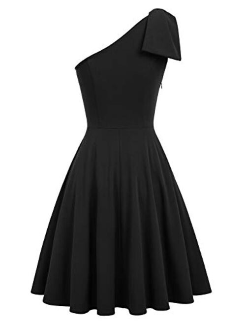 JASAMBAC Women's Bow One Shoulder Dress with Pockets A-line Cocktail Party Dress