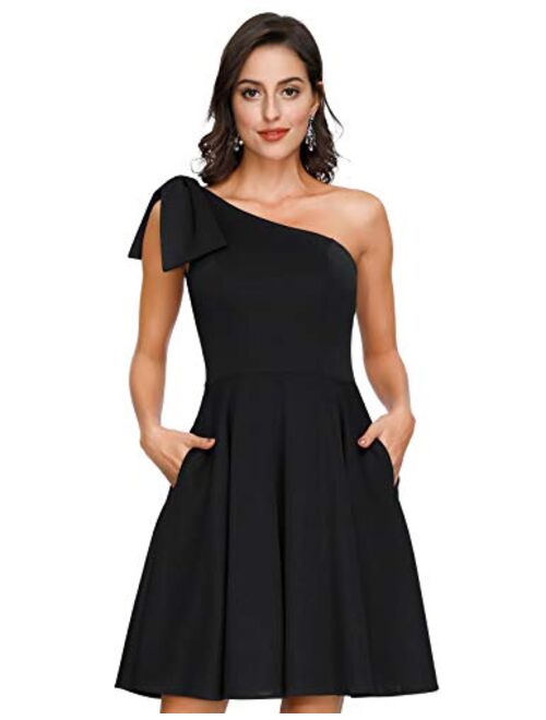 JASAMBAC Women's Bow One Shoulder Dress with Pockets A-line Cocktail Party Dress