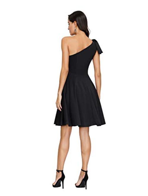 JASAMBAC Women's Bow One Shoulder Dress with Pockets A-line Cocktail Party Dress