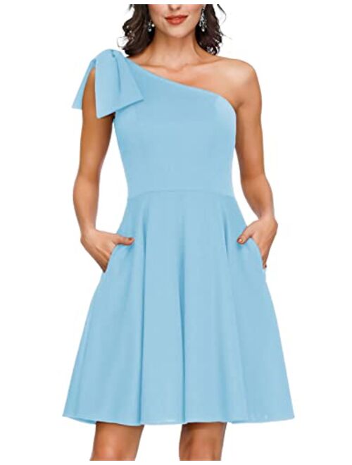 JASAMBAC Women's Bow One Shoulder Dress with Pockets A-line Cocktail Party Dress