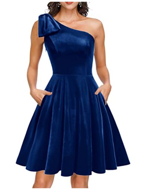 JASAMBAC Women's Bow One Shoulder Dress with Pockets A-line Cocktail Party Dress