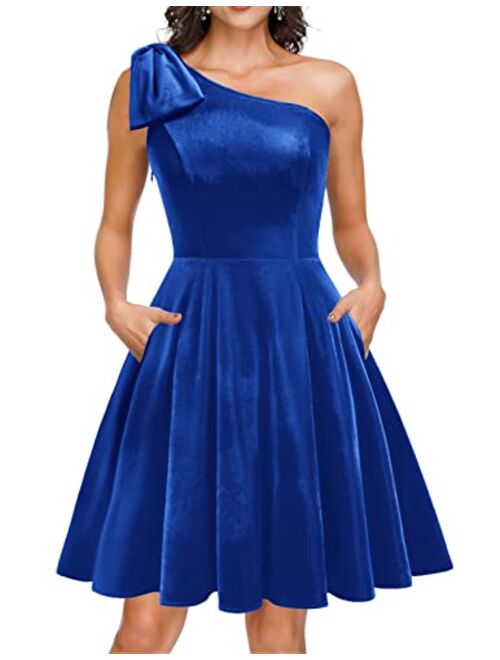 JASAMBAC Women's Bow One Shoulder Dress with Pockets A-line Cocktail Party Dress