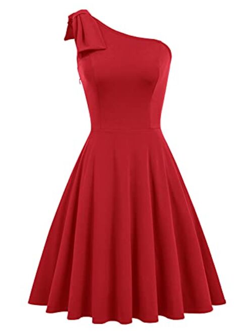 JASAMBAC Women's Bow One Shoulder Dress with Pockets A-line Cocktail Party Dress