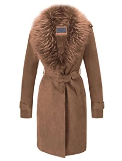 Bellivera Womens Faux Suede Leather Long Jacket, Fall and Winter Fashion Trench Coat Cardigan with Detachable Fur Collar