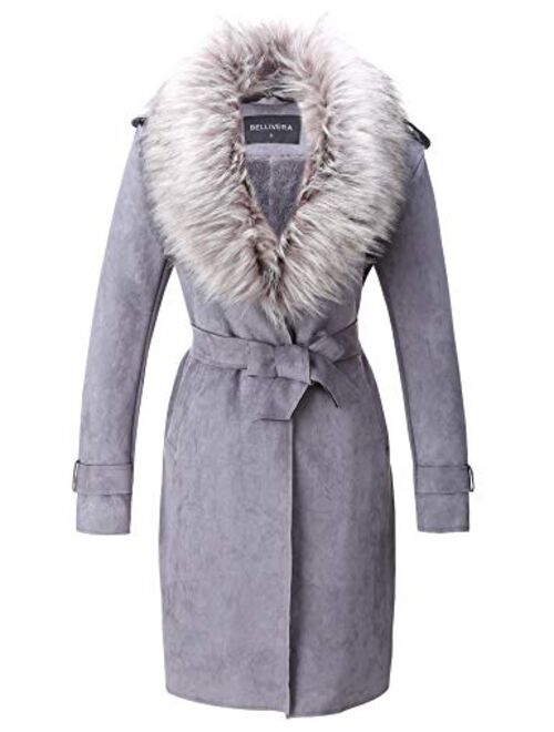 Bellivera Womens Faux Suede Leather Long Jacket, Fall and Winter Fashion Trench Coat Cardigan with Detachable Fur Collar