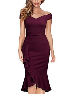 Knitee Women's Off Shoulder V-Neck Ruffle Pleat Waist Bodycon Evening Cocktail Slit Formal Dress