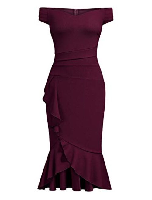 Knitee Women's Off Shoulder V-Neck Ruffle Pleat Waist Bodycon Evening Cocktail Slit Formal Dress