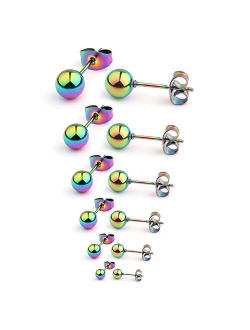 Ruifan 20G Stainless Steel Ball Stud Earrings for Men Women Round 3-8mm 6Pairs