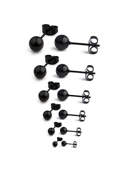 Ruifan 20G Stainless Steel Ball Stud Earrings for Men Women Round 3-8mm 6Pairs