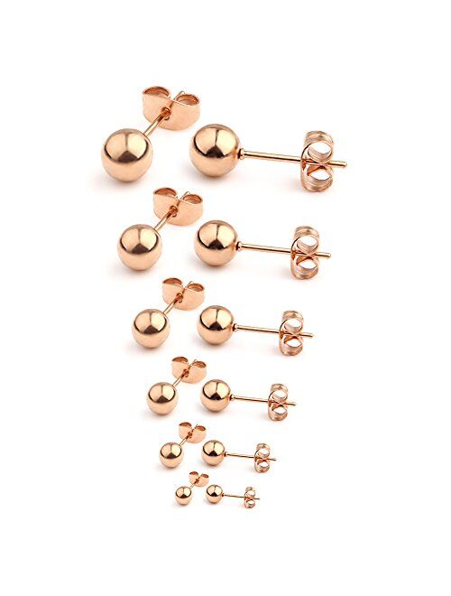 Ruifan 20G Stainless Steel Ball Stud Earrings for Men Women Round 3-8mm 6Pairs