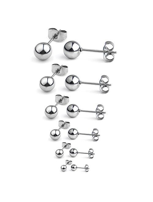 Ruifan 20G Stainless Steel Ball Stud Earrings for Men Women Round 3-8mm 6Pairs