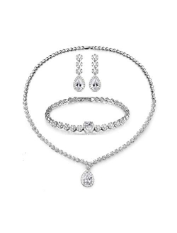 Hadskiss Jewelry Set for Women, Necklace Dangle Earrings Bracelet Set, White Gold Plated Jewelry Set with White AAA Cubic Zirconia, Allergy Free Wedding Party Jewelry for