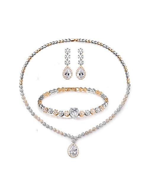 Hadskiss Jewelry Set for Women, Necklace Dangle Earrings Bracelet Set, White Gold Plated Jewelry Set with White AAA Cubic Zirconia, Allergy Free Wedding Party Jewelry for