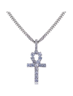 TOPGRILLZ 14K Gold Plated Iced Out CZ Lab Diamond Ankh Cross Egyptian Pendant for Men and Women with 24" Stainless Steel Chain Necklace