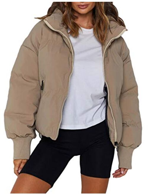 Uaneo Womens Casual Padded Full Zip Stand Collar Puffer Jackets