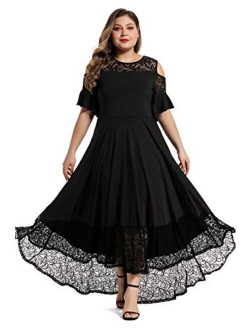 LALAGEN Womens Plus Size Lace Cold Shoulder Long Swing Evening Party Maxi Dress