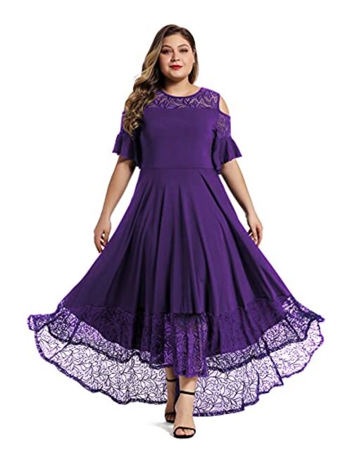 LALAGEN Womens Plus Size Lace Cold Shoulder Long Swing Evening Party Maxi Dress