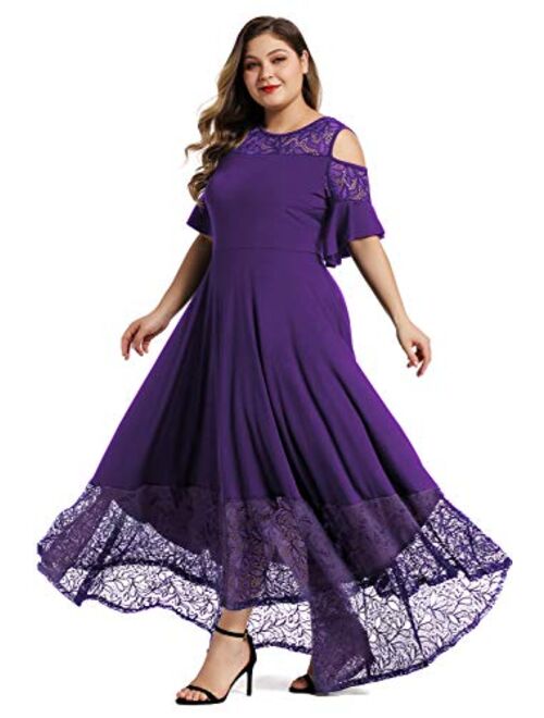 LALAGEN Womens Plus Size Lace Cold Shoulder Long Swing Evening Party Maxi Dress