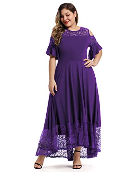 LALAGEN Womens Plus Size Lace Cold Shoulder Long Swing Evening Party Maxi Dress