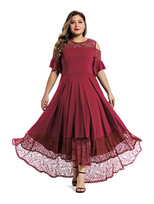 LALAGEN Womens Plus Size Lace Cold Shoulder Long Swing Evening Party Maxi Dress