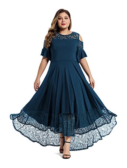 LALAGEN Womens Plus Size Lace Cold Shoulder Long Swing Evening Party Maxi Dress