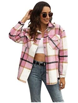 UANEO Womens Casual Plaid Wool Blend Button Down Long Sleeve Shirt Jacket Shackets