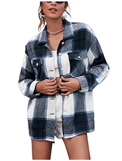UANEO Womens Casual Plaid Wool Blend Button Down Long Sleeve Shirt Jacket Shackets