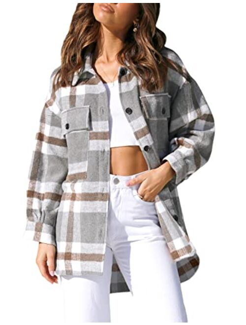 UANEO Womens Casual Plaid Wool Blend Button Down Long Sleeve Shirt Jacket Shackets