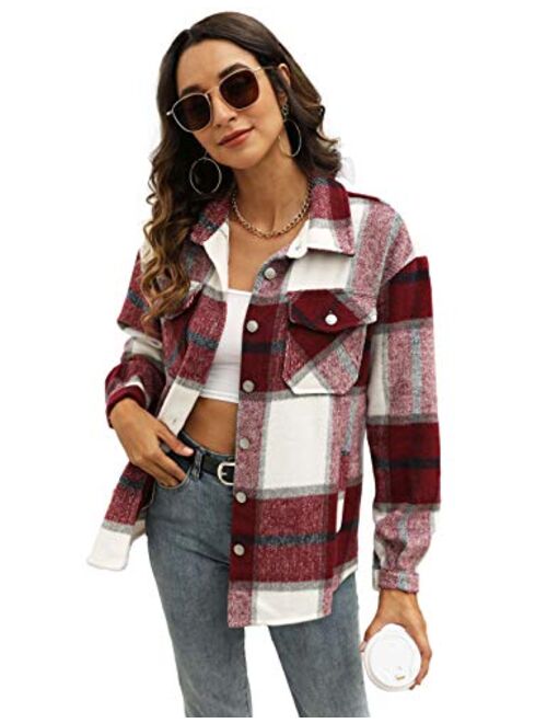 UANEO Womens Casual Plaid Wool Blend Button Down Long Sleeve Shirt Jacket Shackets