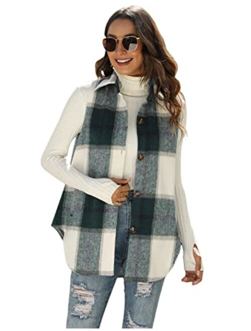 UANEO Womens Casual Plaid Wool Blend Button Down Long Sleeve Shirt Jacket Shackets