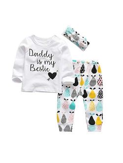 Kukitty 3Pcs Baby Girl Outfits Set Long Sleeve T-Shirt Tops Flowers Pants with Headband