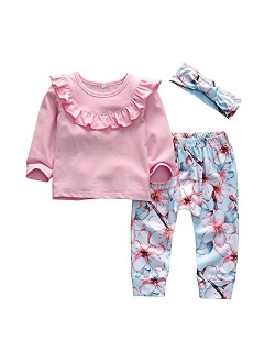 Kukitty 3Pcs Baby Girl Outfits Set Long Sleeve T-Shirt Tops Flowers Pants with Headband