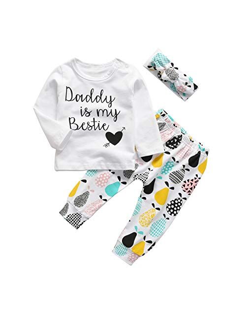 Kukitty 3Pcs Baby Girl Outfits Set Long Sleeve T-Shirt Tops Flowers Pants with Headband