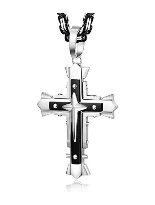 LOLIAS 5MM Stainless Steel Cross Pendant Necklace Men Byzantine Chain Necklace 22-30 Inches