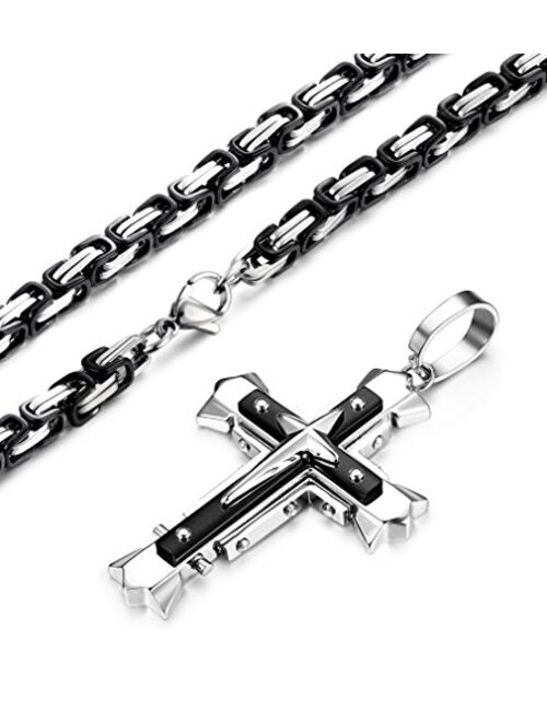 LOLIAS 5MM Stainless Steel Cross Pendant Necklace Men Byzantine Chain Necklace 22-30 Inches