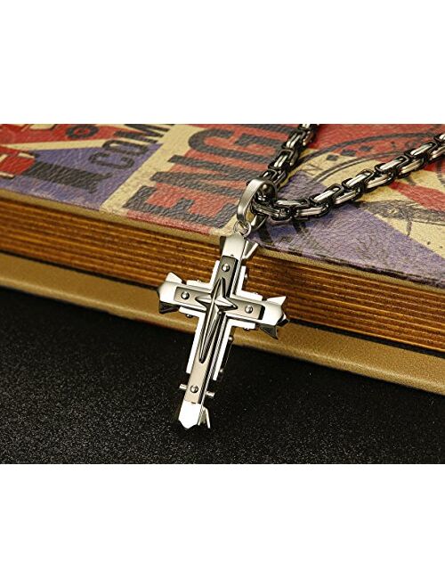 LOLIAS 5MM Stainless Steel Cross Pendant Necklace Men Byzantine Chain Necklace 22-30 Inches