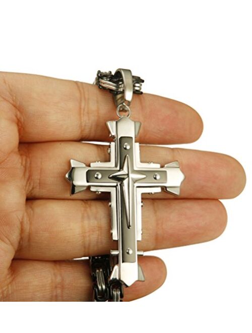 LOLIAS 5MM Stainless Steel Cross Pendant Necklace Men Byzantine Chain Necklace 22-30 Inches