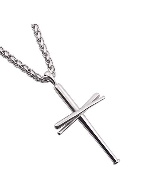 RMOYI Cross Necklace Baseball Bats Athletes Cross Pendant Chain,Sport Stainless Steel Cross Necklaces for Men Women Boys Girls,Loarge and Small Silver Gold Black 18-24 In