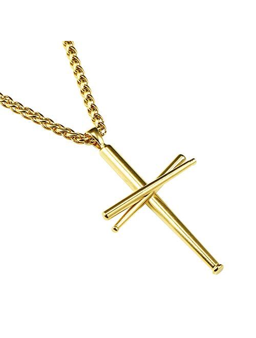 RMOYI Cross Necklace Baseball Bats Athletes Cross Pendant Chain,Sport Stainless Steel Cross Necklaces for Men Women Boys Girls,Loarge and Small Silver Gold Black 18-24 In