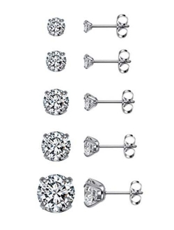 Top Plaza Hypoallergenic Stainless Steel Stud Earrings Round Cubic Zirconia CZ Earring Set for Women Men 3mm-8mm