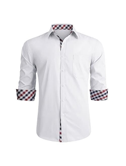 Men's Inner Contrast Casual Shirts Formal Classic Button Down Dress Shirt Long Sleeve Printed Collar Slim Fit