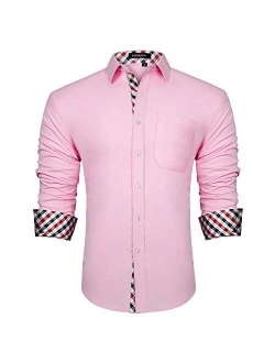 Men's Inner Contrast Casual Shirts Formal Classic Button Down Dress Shirt Long Sleeve Printed Collar Slim Fit